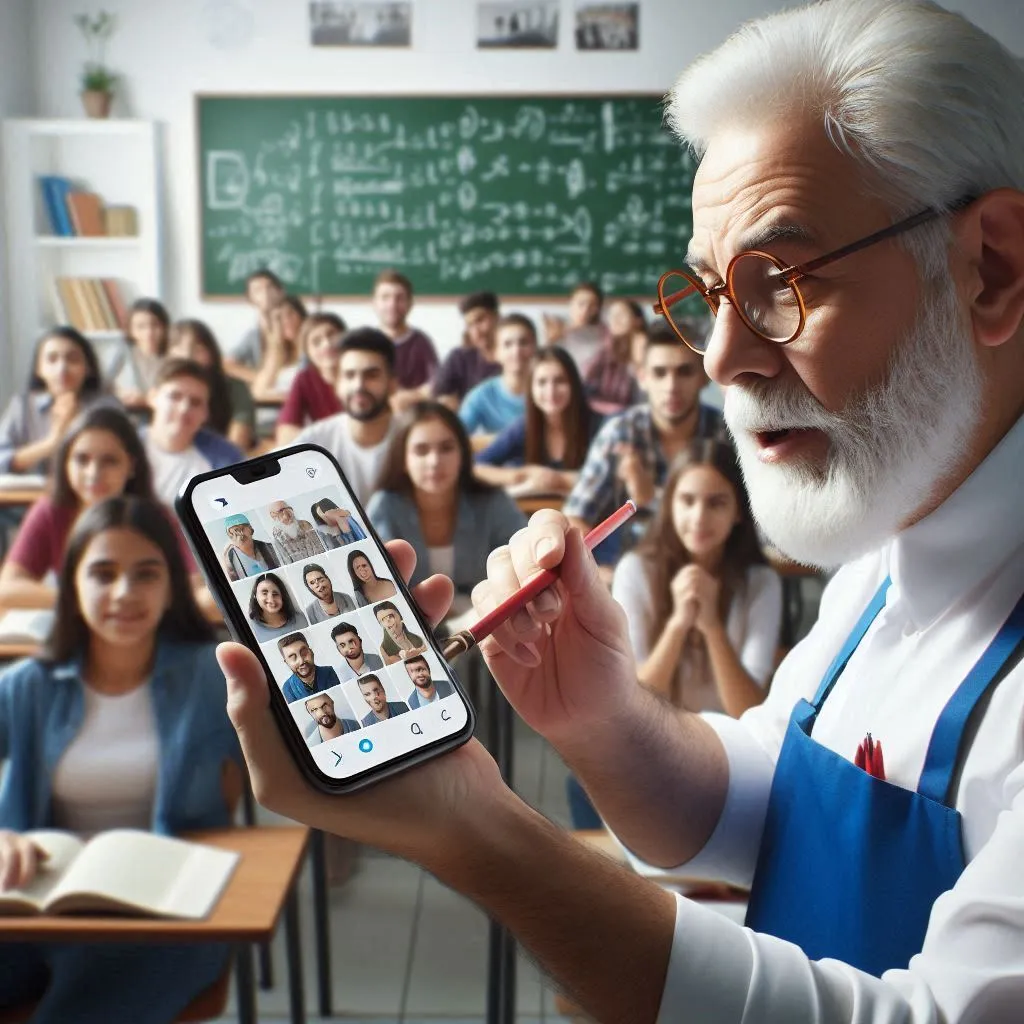 Paulo Freire enseñando a jóvenes con un smartphone- Imagen generada con IA